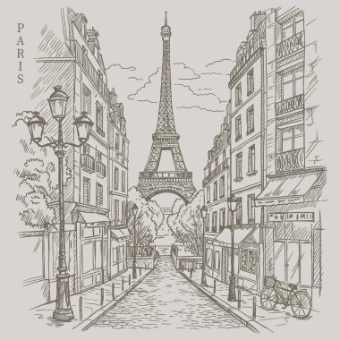 İkonik Eyfel Kulesi 'ne giden klasik bir Paris caddesinin el çizimi..