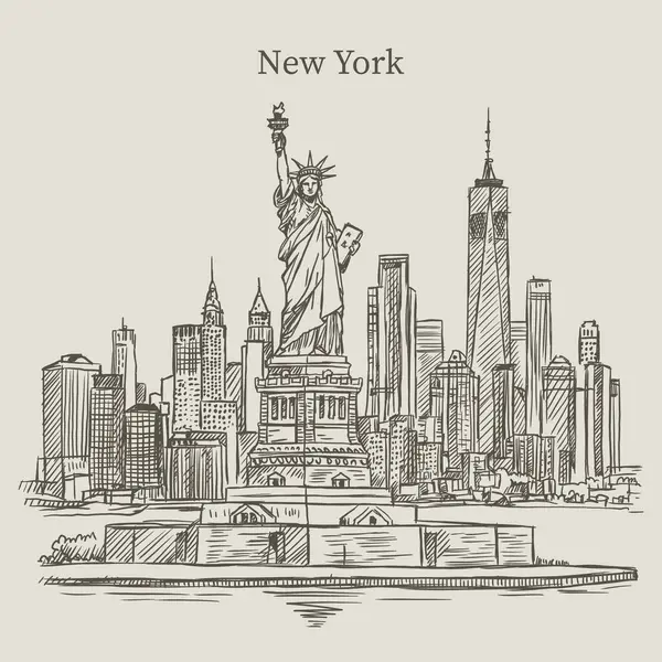 Özgürlük Anıtı 'nın yer aldığı ikonik New York şehrinin siluetinin el çizimi..