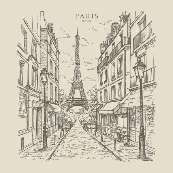 Tarihi binalar ve Eyfel Kulesi 'nin yer aldığı klasik bir Paris caddesinin tek renkli çizimi.