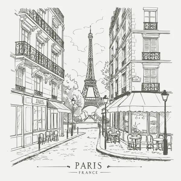 Kafeler ve ünlü kuleyle birlikte Paris 'teki bir Avrupa şehir manzarasının klasik çizimi..