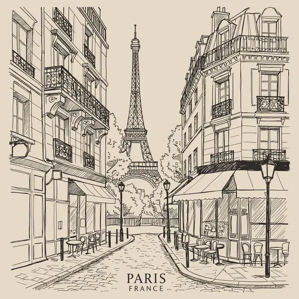 Paris 'teki Eyfel Kulesi ile büyüleyici bir sokak manzarası tasvir edilen klasik tarz illüstrasyon.