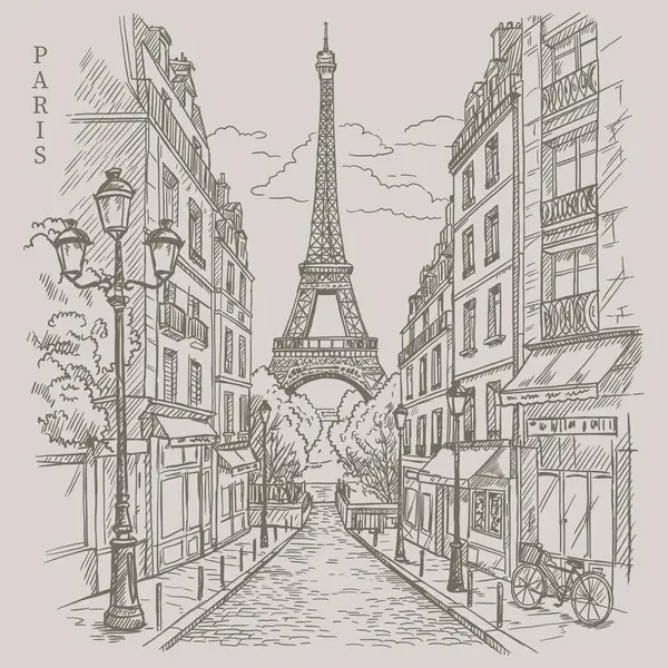 İkonik Eyfel Kulesi 'ne giden klasik bir Paris caddesinin el çizimi..