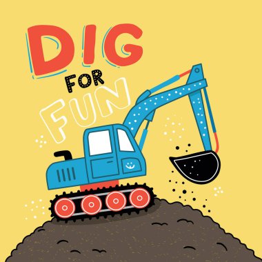 Oyuncu mavi kazıcı karikatürü sarı arka plandaki toprak yığınını eşeliyor.