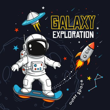 Roket ve UFO ile uzayda uçan bir kaykaydaki oyuncu astronot..