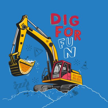 Kazıcı, kalın tipografi ve inşaat elementleriyle bir toprak yığınını kazıyor..