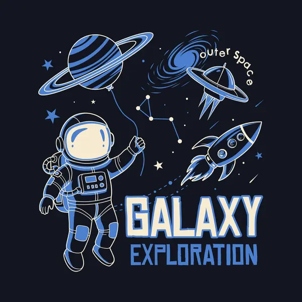 Roket ve uzayda UFO ile Satürn balonu tutan oyuncu astronot..