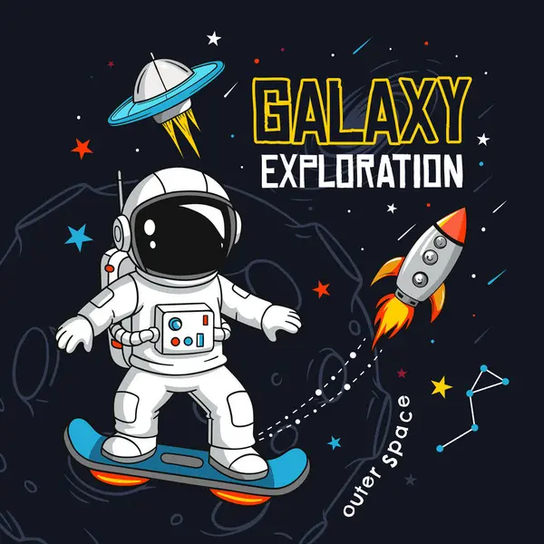 Roket ve UFO ile uzayda uçan bir kaykaydaki oyuncu astronot..