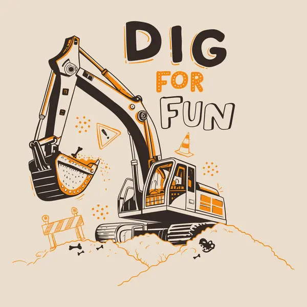 Bir inşaat sahasında kazı yapan bir kazıcının canlandırması, Eğlence İçin Kazma metni ile.