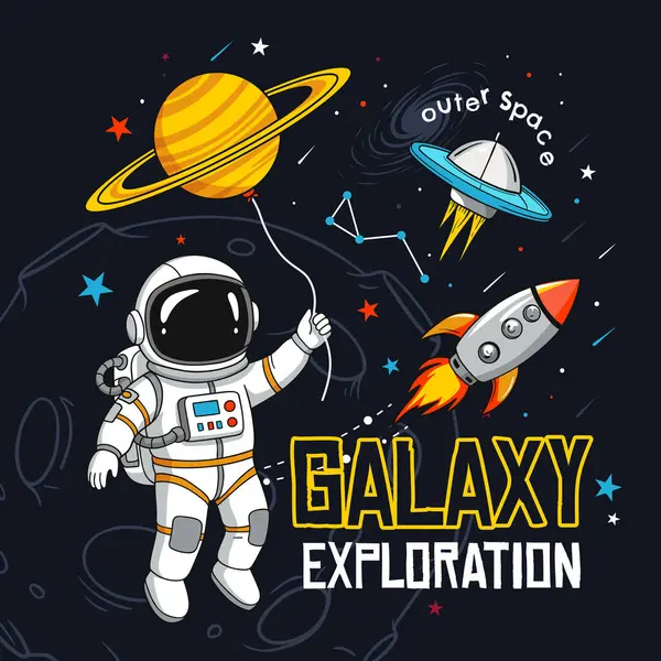 Uzay boşluğunda roketi ve UFO 'su olan Satürn balonu tutan komik astronot..