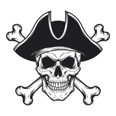 Korsan kafatası bicorne şapka takıyor ve arkasında çapraz kemikler var..