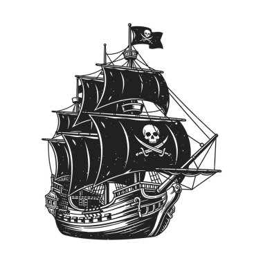 Dalgalanan yelkenleri ve Jolly Roger bayrağı olan klasik korsan gemisi çizimi..