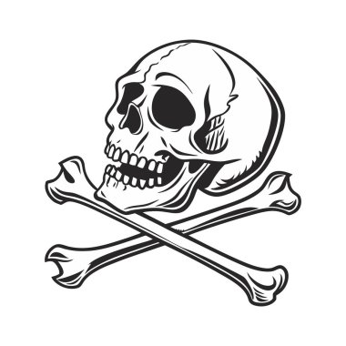 Siyah beyaz bir kafatası ve çapraz kemik tasviri. Korsan temalar için mükemmel..