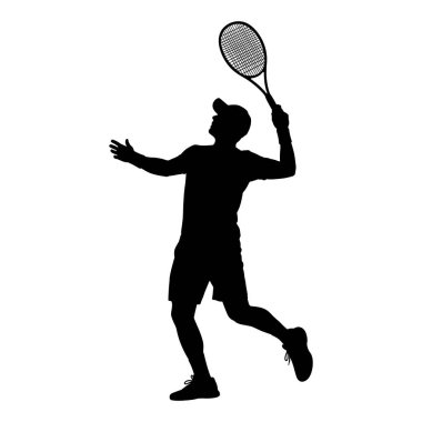 Tenis oyuncusunun dinamik silueti bir üst atışa vuruyor ya da servis atıyor.