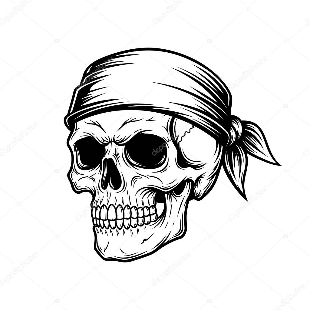 Black and white illustration of a pirate skull wearing a bandana.