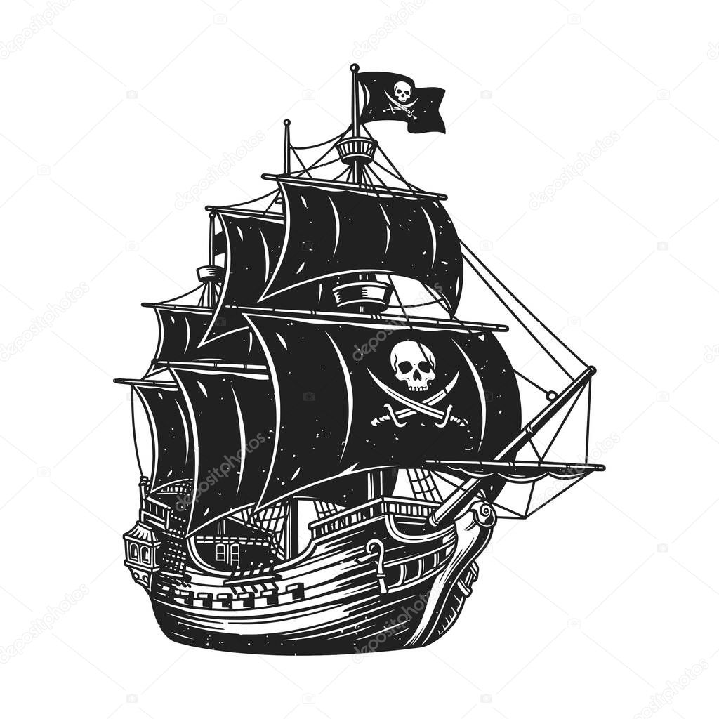 Classic pirate ship illustration with billowing sails and a Jolly Roger flag.