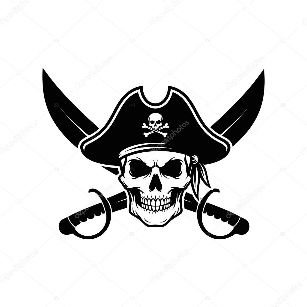 Classic pirate emblem featuring a skull, hat, and crossed swords.