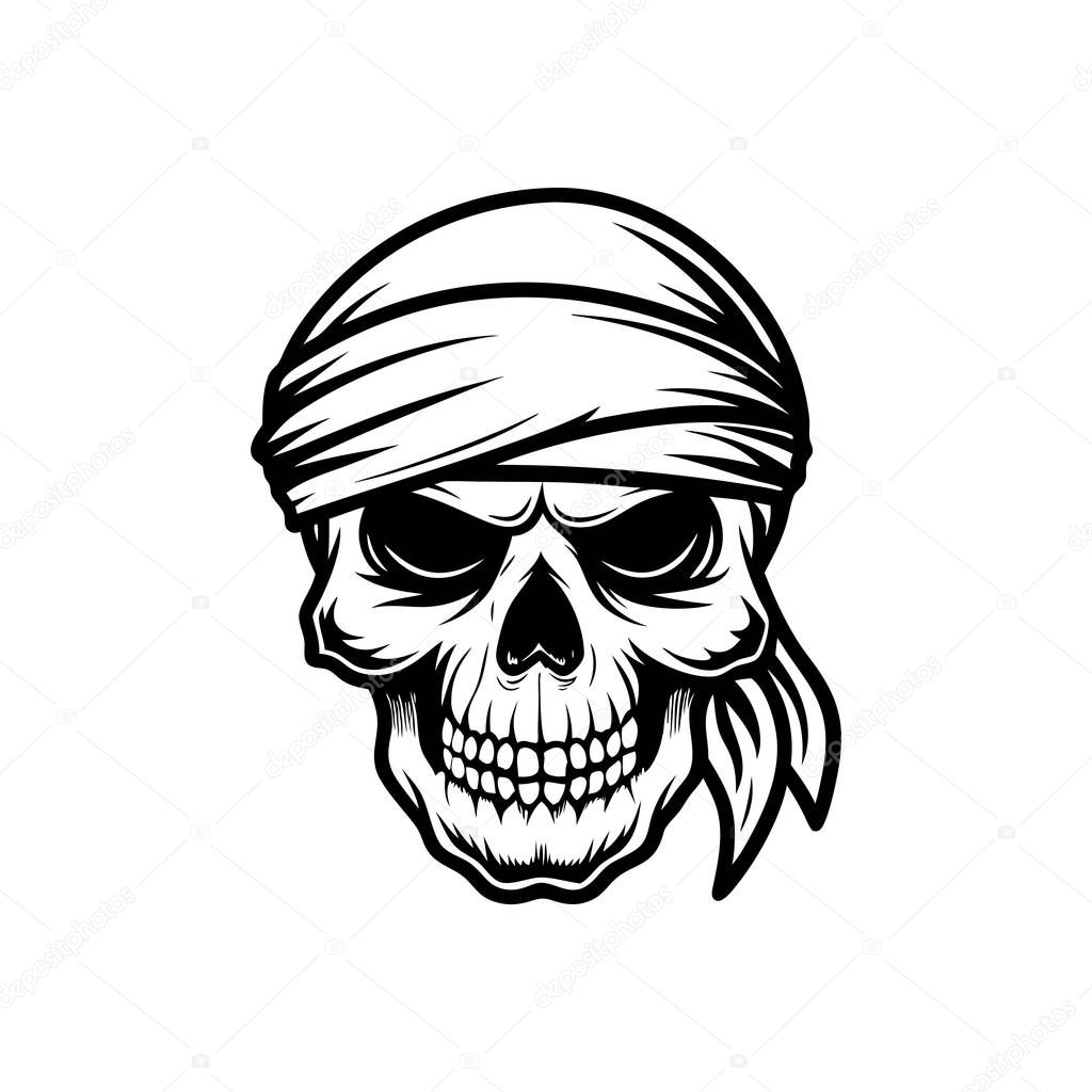 Menacing pirate skull illustration wearing a bandana, isolated on white.