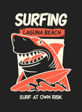 Modern antika bir köpekbalığı ve sörf tahtasının resmi..