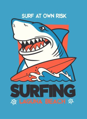 Mavi ve turuncu sörf tahtası tutan tehditkar bir köpekbalığının stilize grafiği.