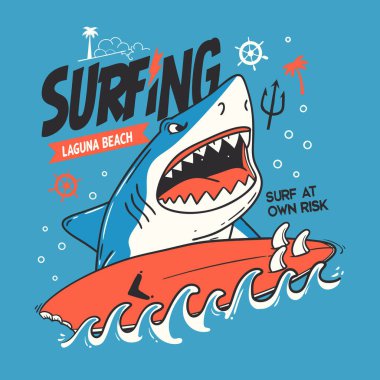 Köpekbalığı ve sörf tahtası ile komik sörf çizimleri.