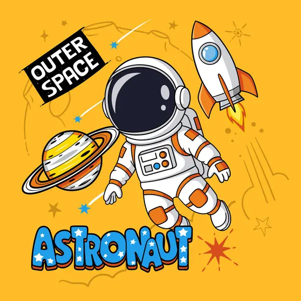 Uzayda bir roket ve gezegenle yüzen sevimli astronot..