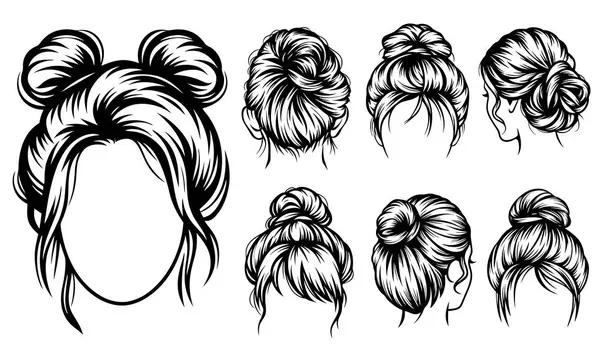 Bir dizi dağınık çörek saç stili..