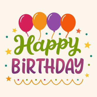 Dinamik tipografi ve parti aksanlarıyla neşeli doğum günü afişi grafiği.