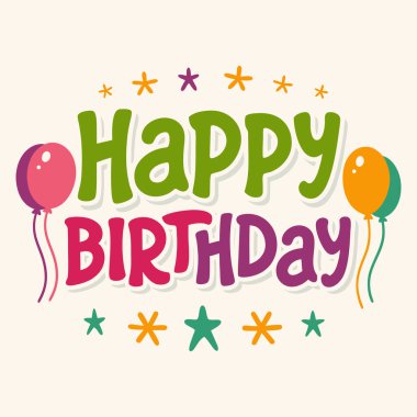 Balonlu ve yıldız aksanlı neşeli Mutlu Yıllar mesajı. Davetiyeler için mükemmel..