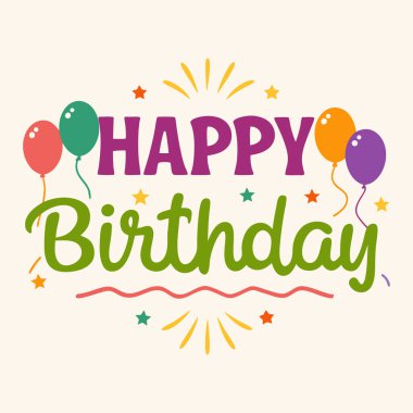 Balonlar, yıldızlar ve konfetiyle renkli Mutlu Yıllar tipografisi.