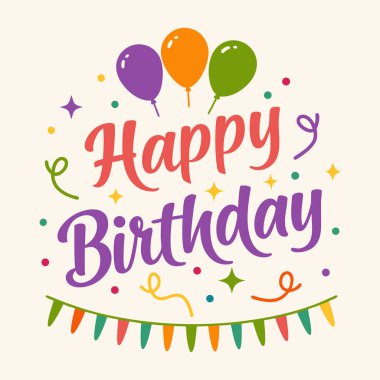 Doğum günleri için neşeli tasarım, el yazısı yazı tipi ve ışıl ışıl detaylar dahil.
