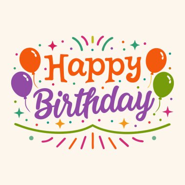 Mutlu Yıllar metniyle kutlama grafiği, turuncu, mor ve yeşil balonlar.