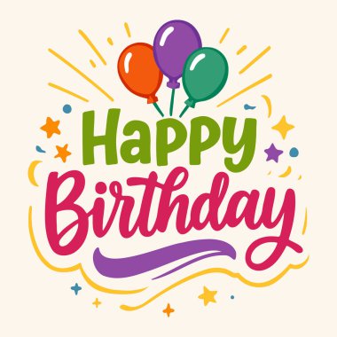 Işıklı arka planda balonlar, yıldızlar ve konfetileri olan renkli Mutlu Yıllar tipografisi.