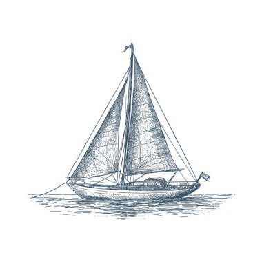 Su üzerinde izole edilmiş bir yelkenlinin klasik el çizimi..