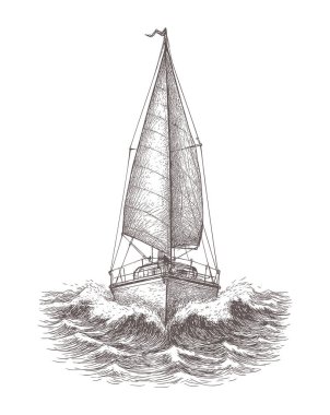 Klasik bir yelkenli yelkenli yatının detaylı deniz çizimi..