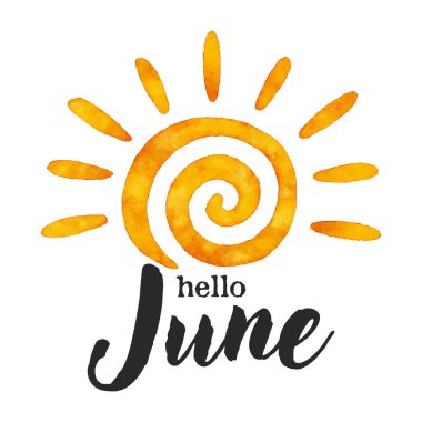 Merhaba June beyaz arkaplan üzerinde suluboya güneş grafikli neşeli bir metin.