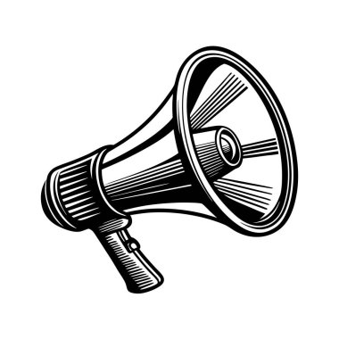 Beyaz arka planda izole edilmiş bir megafonun siyah beyaz çizimi.