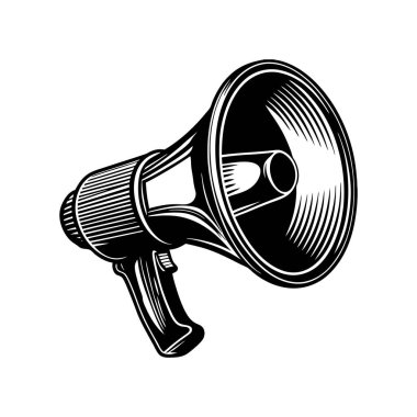 Bir megafonun stilize monokrom simgesi, protesto veya haber temaları için ideal.
