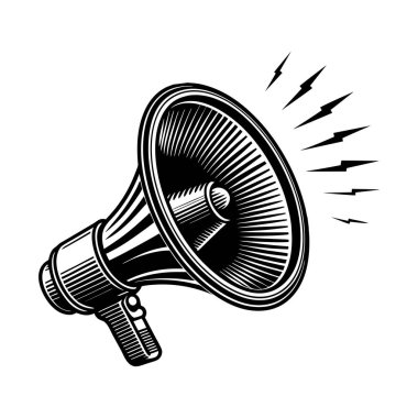 Beyaz arka planda izole edilmiş bir megafonun siyah-beyaz çizimi.