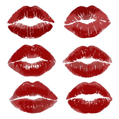 Gerçekçi kırmızı ruj öpücükleri, çeşitli benzersiz dudak izleri..