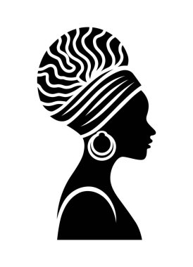 Dekoratif başörtüsü ve halka küpeyle süslenmiş Afrikalı bir kadının silueti..