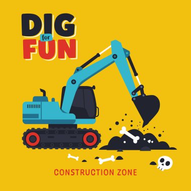 Cesur metni olan mavi bir inşaat kazıcısının tasviri, çocuk kitapları veya endüstriyel kavramlar için ideal.