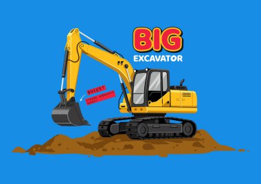 Sarı bir inşaat kazıcısının düz tasarım çizimi kalın metin ile, çocuk kitapları veya endüstriyel kavramlar için idealdir.