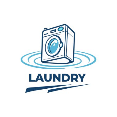 Dalgalanma efektleri ve kalın metin içeren bir çamaşır makinesi simgesi içeren modern çamaşır servisi logosu.
