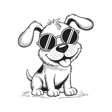 Güneş Gözlüğü Çizgisi Sanat Sanatı İllüstrasyonlu Komik Köpekçik.