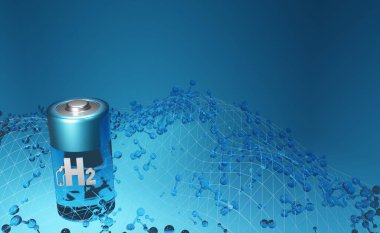 Hidrojen bataryası konsepti. H2. Elektrikli pil. 3d oluşturma 