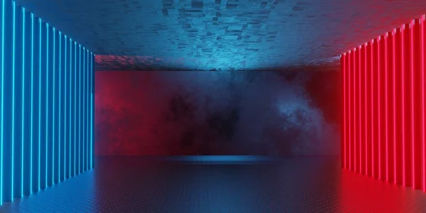 Neon ışıkları ve soyut arkaplan içeren 3D fütüristik tünel çizimi 