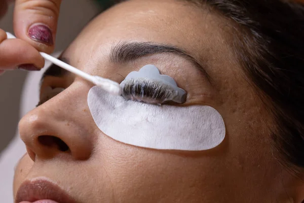 Close Woman Face Eyebrow Thickening Eyelash Lamination Treatment Concept Professionalism — Fotografia de Stock