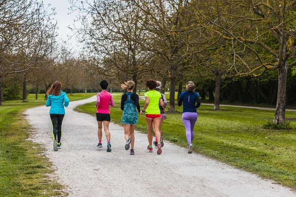 female group of unrecognizable runners, back turned, running in the park. Concept of benefits of sport and physical activity outdoors in nature