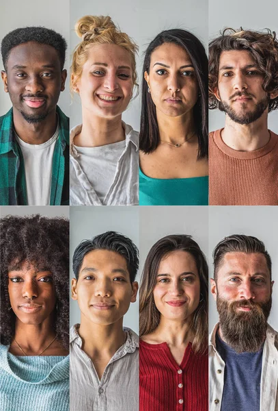 Collage of portraits of men and women of an ethnically diverse and mixed age group. Happy different ethnicity young and middle aged people. Headshots looking at the camer in mosaic collection.