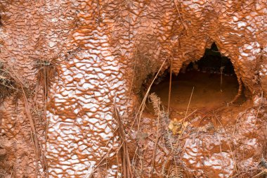 Endüstriyel atık kirliliğinden oluşan kırmızı çamur dokusu, bir çevre felaketi